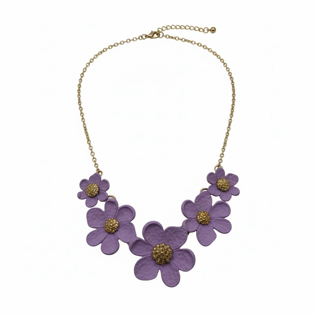 Clover Purple Daisy Flower Necklace Gold Tone Adjustable